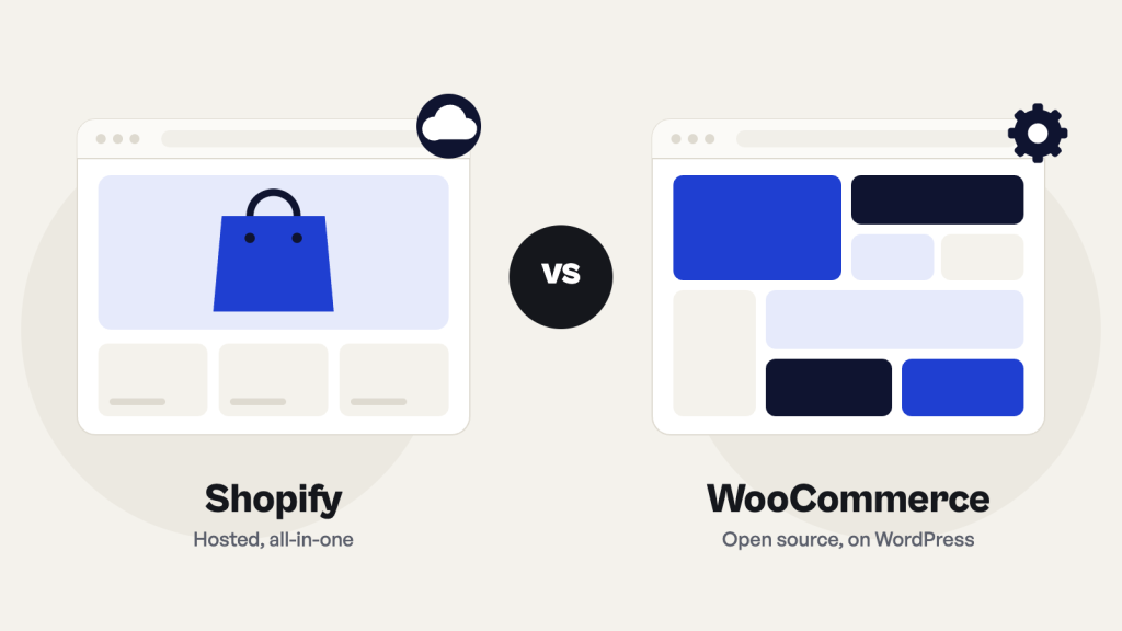 Illustration comparing Shopify, a hosted all-in-one store, with WooCommerce, an open-source store on WordPress