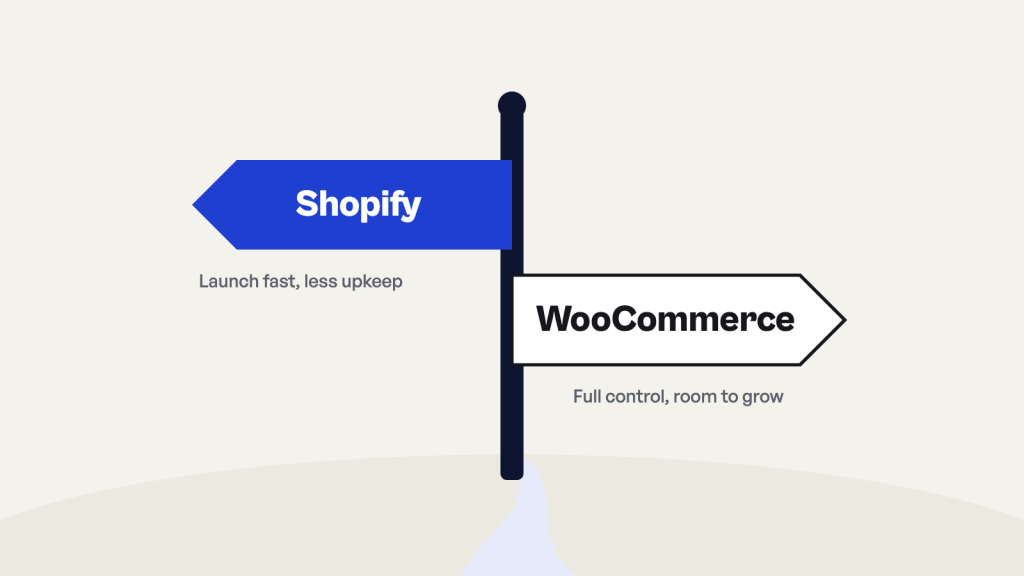 Signpost pointing to Shopify for a fast launch and WooCommerce for full control