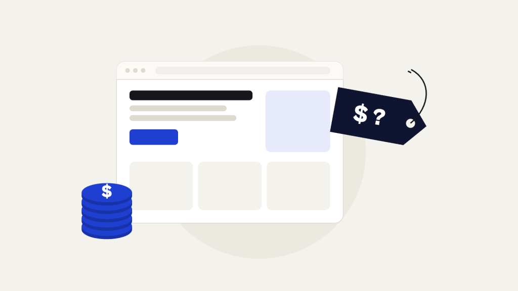 Illustration of a website with a price tag and a stack of coins